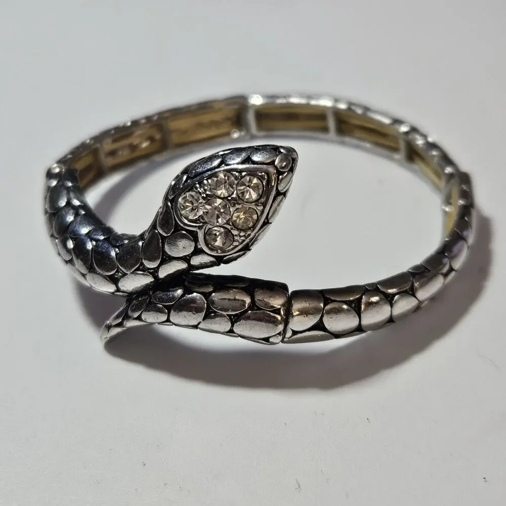 Crystal Snake Stretch Bracelet in Silver Tone Heart Head 7